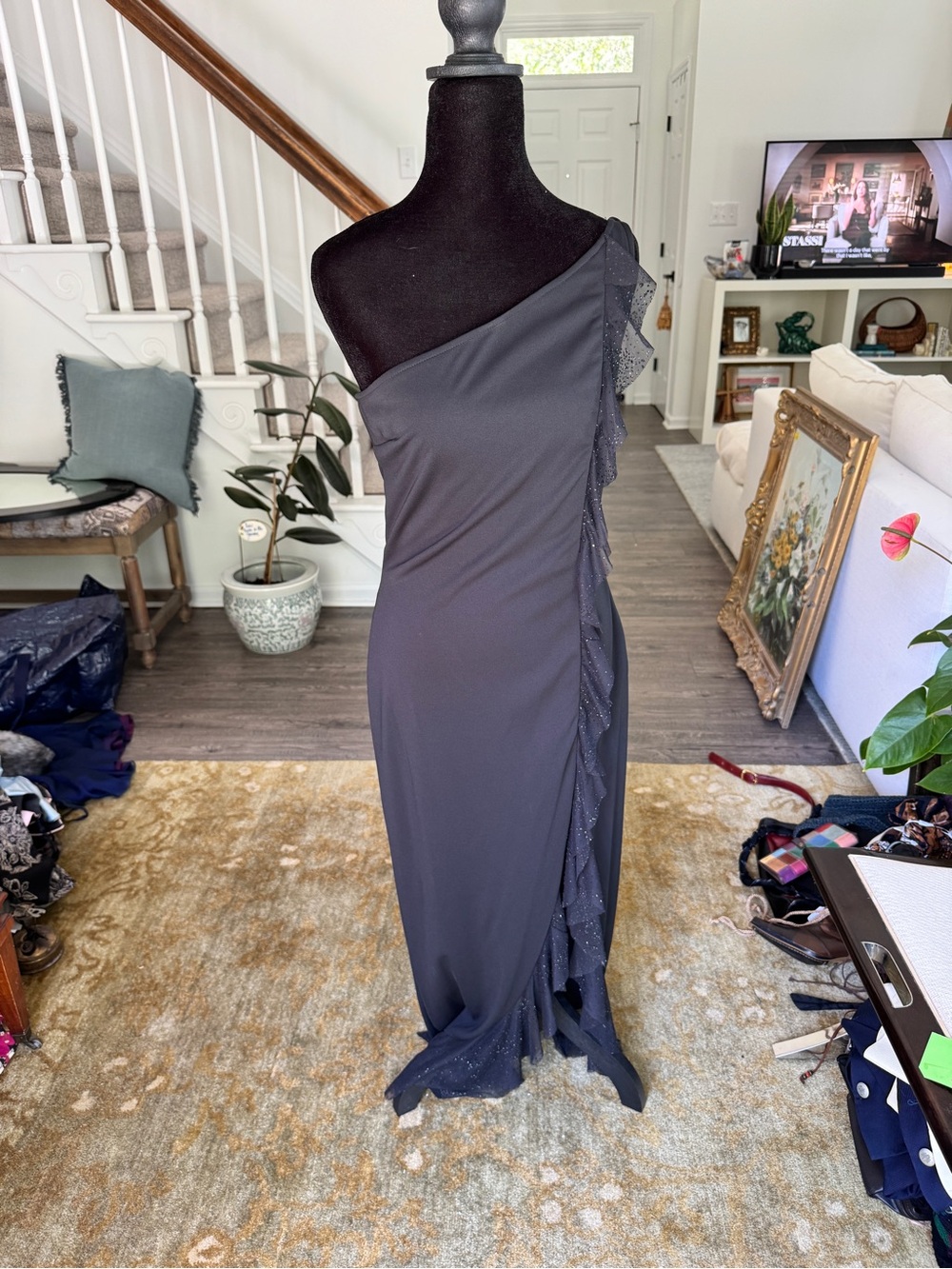 Jessica McClintock Gunne Sax One-Shoulder Black Maxi Dress with Ruffle Trim